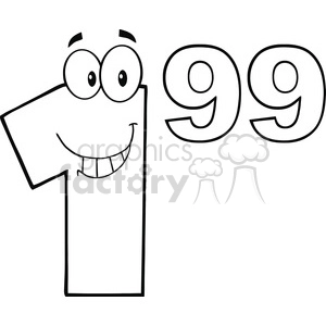 6708 Royalty Free Clip Art Black And White Price Tag Number 1-99 Cartoon Mascot Character