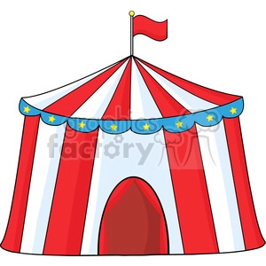 Clipart image of a circus tent in red, white, and blue with a flag on top.
