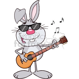 A cute cartoon rabbit wearing sunglasses and playing an acoustic guitar with musical notes floating around.