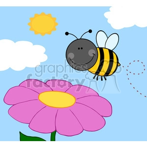 Smiling Bee Flying Near Pink Flower