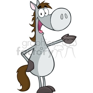 A cheerful cartoon horse standing on two legs and smiling with one arm raised.