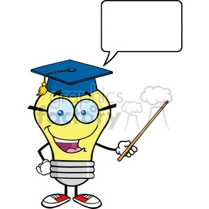 6083 Royalty Free Clip Art Smiling Light Bulb Teacher Character With A Pointer And Speech Bubble