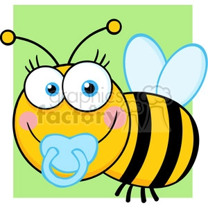 A cute cartoon image of a baby bee with big eyes, rosy cheeks, and a pacifier, set against a green background.