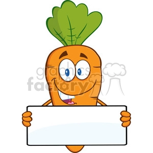 A cheerful cartoon carrot character smiling and holding a blank sign with both hands. The character features bright orange color, green leafy top, and expressive eyes.