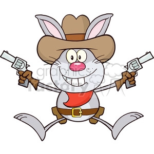 Royalty Free RF Clipart Illustration Cowboy Gray Rabbit Cartoon Character Holding Up Two Revolvers
