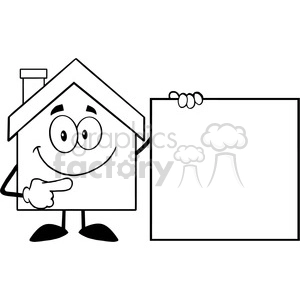 6463 Royalty Free Clip Art Black and White House Cartoon Mascot Character Showing A Blank Sign