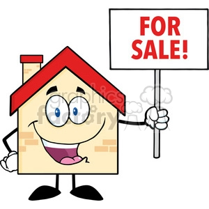 6482 Royalty Free Clip Art House Cartoon Character Holding Up A Blank Sign With Text