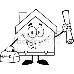 6457 Royalty Free Clip Art Black and White House Worker With Blueprint And Tool Box