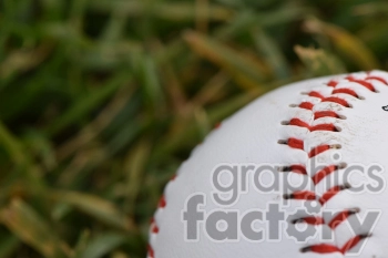 Close-up image of a baseball with red stitching on a grass background.