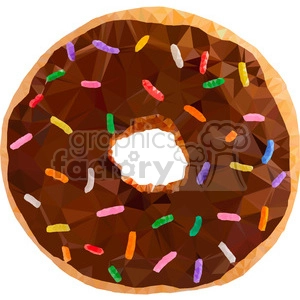A polygonal vector illustration of a chocolate glazed donut with colorful sprinkles.