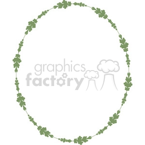 A clipart image of an oval wreath made up of green leaves arranged in a symmetrical pattern, forming a decorative frame.