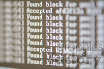 A close-up image of text on a computer screen showing the repeated phrase 'Found block', indicative of cryptocurrency mining or blockchain processing.