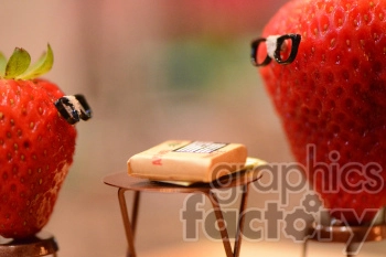 A whimsical clipart image featuring two strawberries with glasses, sitting at a small table with a book on it. The scene humorously anthropomorphizes the strawberries as if they are engaged in a conversation or lecture.