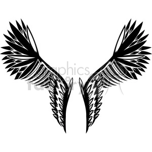 A black and white clipart image depicting a pair of stylized, detailed wings with sharp and intricate feather patterns.