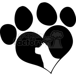 The image is a black and white silhouette that forms a paw print shape, with a heart and the silhouette of a dog's head incorporated into the design. The paw print is composed of four larger circles that represent the toes and a larger part that represents the main pad, with the heart and dog's head silhouette artistically integrated into the lower right corner of the main pad portion of the paw print.