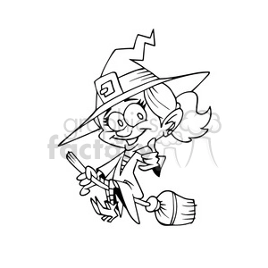 witch on a broom in black and white