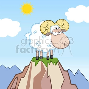 Royalty Free RF Clipart Illustration Angry Ram Sheep Cartoon Mascot Character On Top Of A Mountain