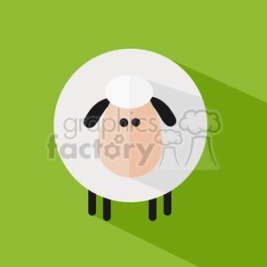 The image shows a simple and cute representation of a sheep or a lamb. It is a clipart style graphic with a flat design aesthetic. The sheep is depicted with a round white body, small black ears, four black legs, and a simple face with two dots for eyes and a pink ovular nose. There's a significant shadow to the right side of the sheep, indicating a light source from the left. The background is a solid, bright green, which contrasts with the white body of the sheep to create a cheerful and vibrant composition.