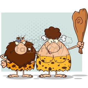 This is a colorful and humorous clipart image featuring two cartoon characters dressed as prehistoric humans, often referred to as a caveman and cavewoman. The male character has a grumpy expression, bushy eyebrows, a big nose, a beard that largely obscures his face, and is wearing a tattered animal skin with a one-shoulder design. The female character is smiling, has red cheeks, wide eyes, a bone in her hair, and is holding a large wooden club. She is also wearing an animal print garment. Both characters have bare feet and are standing against a polka-dotted background.