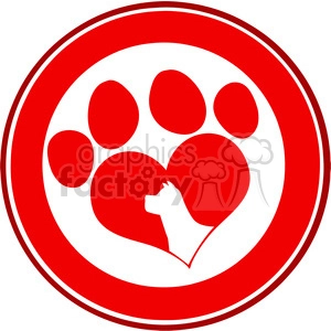 The clipart image contains a graphic representation of a paw print that forms a heart shape, with a silhouette of a dog's head also integrated into the heart design. The colors used are red and white, with a circular red border surrounding the design.