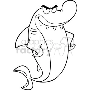 The image is a black and white clipart of a cartoon shark. The shark is depicted with a grumpy expression, featuring furrowed eyebrows and a downturned mouth. It has a large, robust body with prominent fins and a tail.