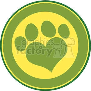 The image shows a stylized representation of an animal paw print that incorporates a heart shape in its design. The paw consists of four smaller circular pads and a larger pad with the top part shaped like a heart. The color scheme appears to be shades of yellow and green with a green border.