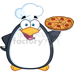 Happy Cartoon Penguin Chef with Pizza