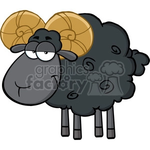The clipart image features a cartoon ram with large, curled horns, a humorous facial expression, and a black woolly body with swirl patterns on it.