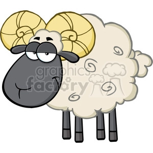 The clipart image shows a cartoon sheep with a funny expression. The sheep has large, curled horns, fluffy wool with spiral patterns, an oversized snout, dopey eyes , and standing on thin legs.