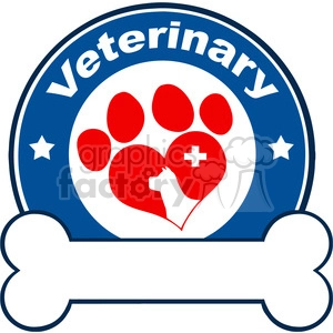 A veterinary-themed clipart image featuring a red paw print and heart containing a pet silhouette and a medical cross, all set within a blue circular badge with stars and the word 'Veterinary' at the top. A large white bone completes the design at the bottom.