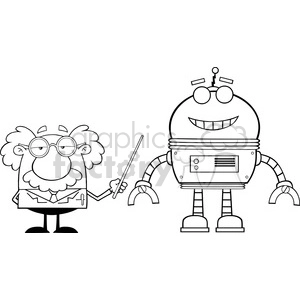 Royalty Free RF Clipart Illustration Black And White Funny Scientist Or Professor Shows His Pointer A Big Robot