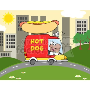 Royalty Free RF Clipart Illustration African American Hot Dog Vendor Driving Truck In The Town