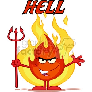 Royalty Free RF Clipart Illustration Evil Fire Cartoon Mascot Character Holding Up A Pitchfork In Front Of Flames With Text Hell