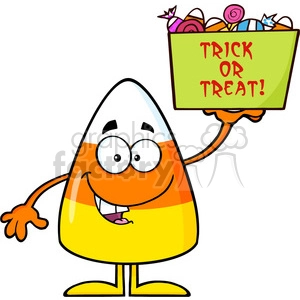 8877 Royalty Free RF Clipart Illustration Smiling Candy Corn Cartoon Character Holds A Box With Candys And Text Vector Illustration Isolated On White