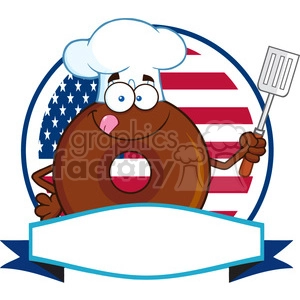8713 Royalty Free RF Clipart Illustration Chocolate Chef Donut Cartoon Character Over A Circle Blank Label In Front Of Flag Of USA Vector Illustration Isolated On White
