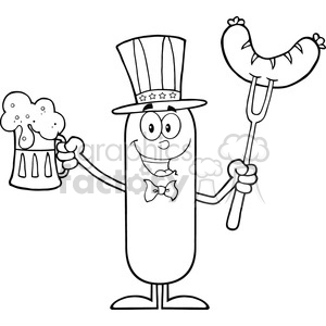 8439 Royalty Free RF Clipart Illustration Black And White Patriotic Sausage Cartoon Character Holding A Beer And Weenie On A Fork Vector Illustration Isolated On White