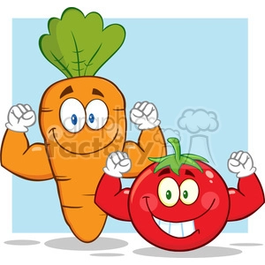 8402 Royalty Free RF Clipart Illustration Carrot And Tomato Cartoon Mascot Characters Showing Muscle Arms Vector Illustration With Background