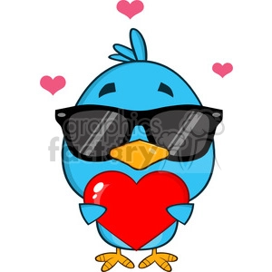 8822 Royalty Free RF Clipart Illustration Cute Blue Bird With Sunglasses Cartoon Character Holding A Love Heart Vector Illustration Isolated On White