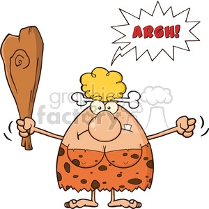 9986 angry cave woman cartoon mascot character holding up a fist and a club vector illustration with speech bubble and text argh