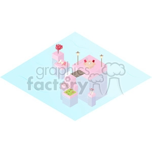 A detailed isometric clipart image featuring a floating garden composed of pink interconnected platforms. It includes elements like a dining table with chairs, a tree, lounge chairs, a small grass patch with flowers, two street lamps, and garden tools.