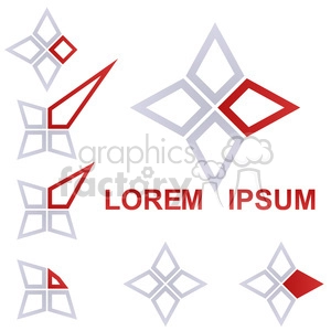 A collection of geometric star-shaped designs with a red and gray color scheme. Each design features a variation in the positioning of the red area. The text 'Lorem Ipsum' is also displayed.