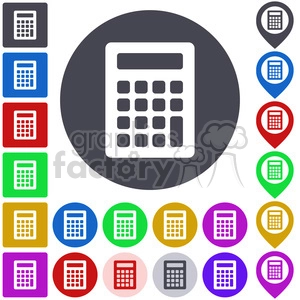 This clipart image features various icons of a calculator in different shapes and colors including circles, squares, and map markers.