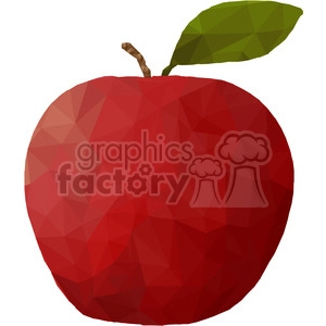 Low poly geometric illustration of a red apple with a green leaf.