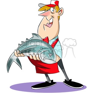 Chuck the cartoon butcher holding large fish