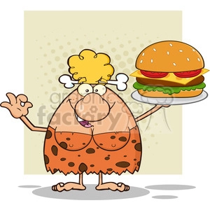 chef cave woman cartoon mascot character holding a big burger and gesturing ok vector illustration