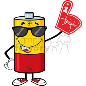 royalty free rf clipart illustration funny battery cartoon mascot character with sunglases wearing a foam finger vector illustration isolated on white