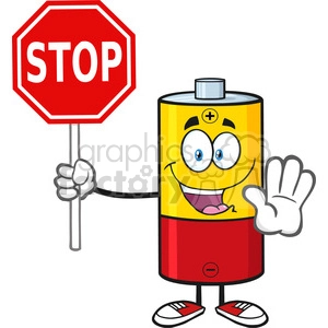 royalty free rf clipart illustration cute battery cartoon mascot character gesturing and holding a stop sign vector illustration isolated on white