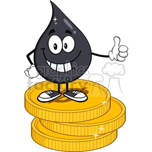smiling petroleum or oil drop cartoon character giving a thumb up stack of usd dollar gold coins vector illustration isolated on white background