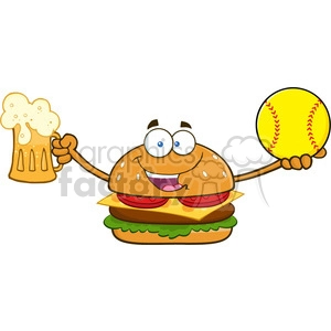 illustration happy burger cartoon mascot character holding a beer and softball vector illustration isolated on white background