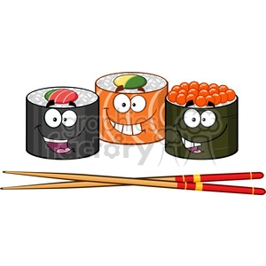 illustration sushi roll set cartoon characters with chopsticks vector illustration
